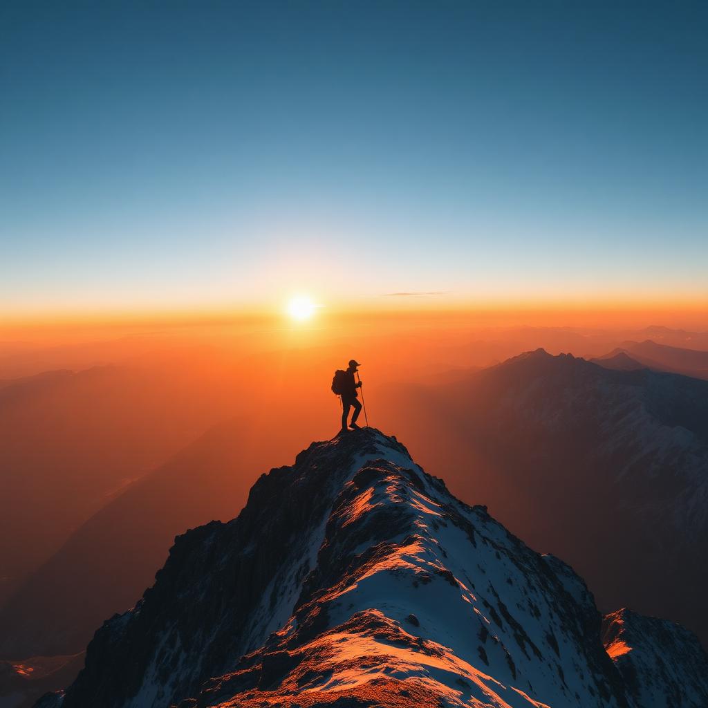 Climber on an alpine ridge at sunrise